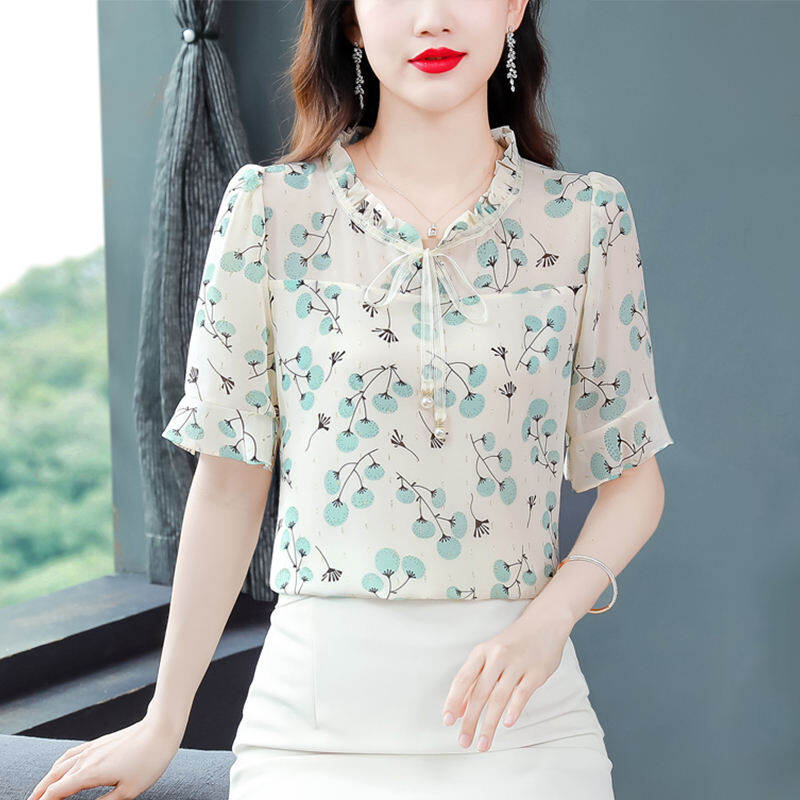 MAIMEI | Áo sơ mi voan rộng rãi mùa hè mới Áo che bụng họa tiết hoa trẻ trung đẹp dáng áo chui đầu cổ tròn tay bồng