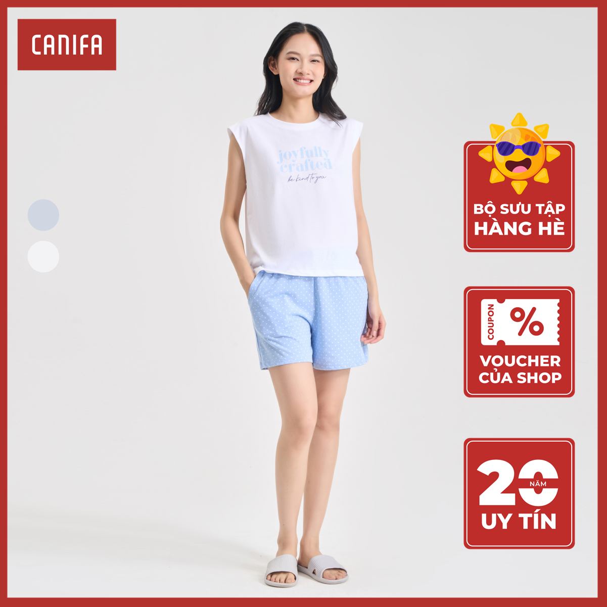 Bộ quần áo nữ canifa mặc nhà sát nách quần soóc có hình in 6ls24s001