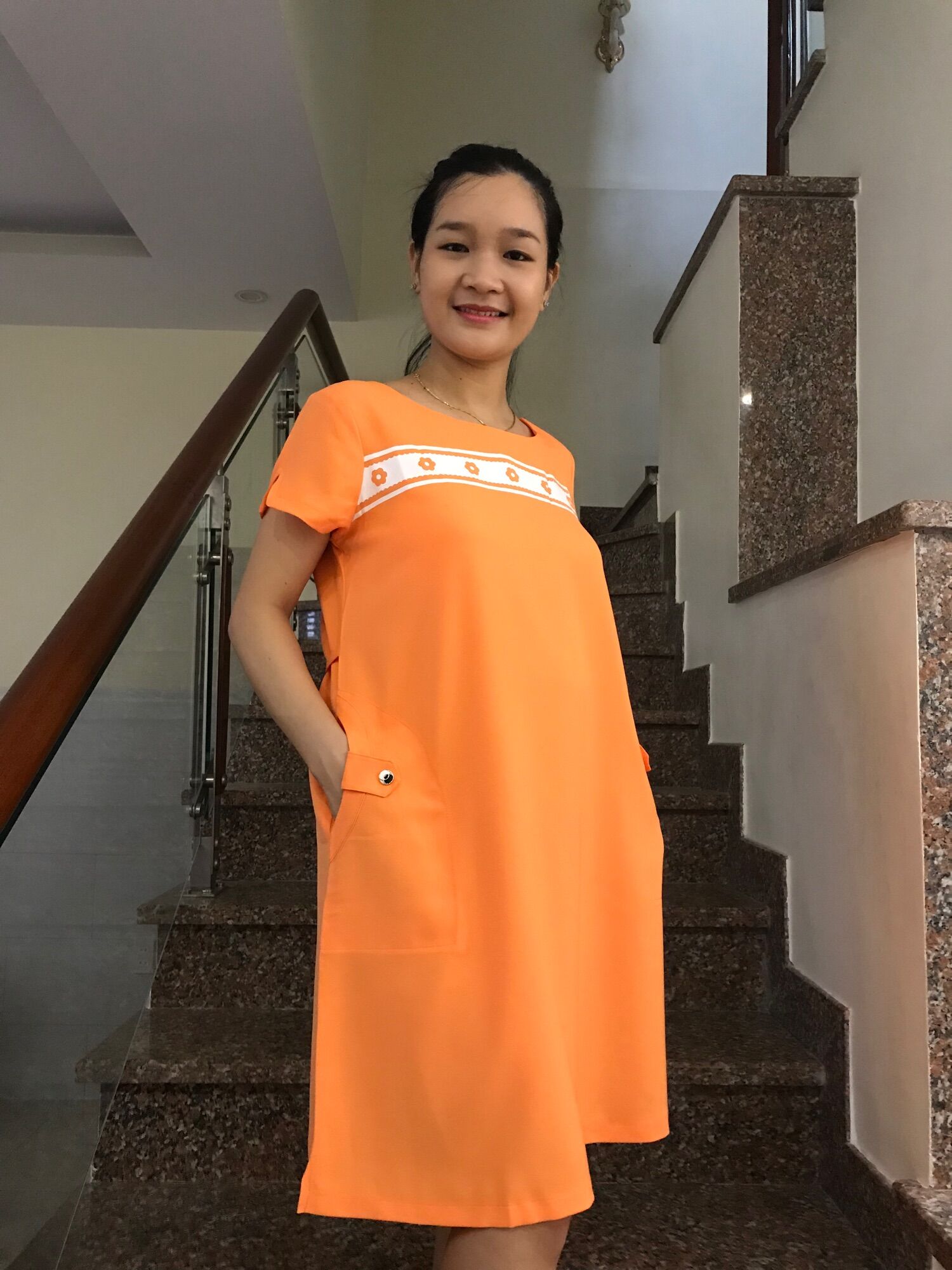 [HCM]Đầm bầu in hoa 2 túi (cam)