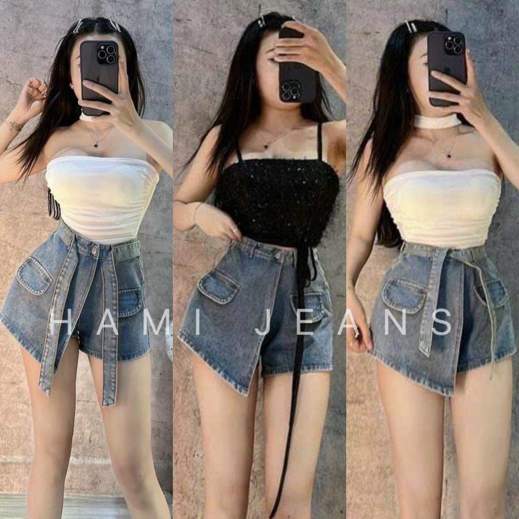 Quần short jean nữ cạp cao đắp tà trước kèm dây đai quần đùi jean quần short bò kèm đai chất không co giãn