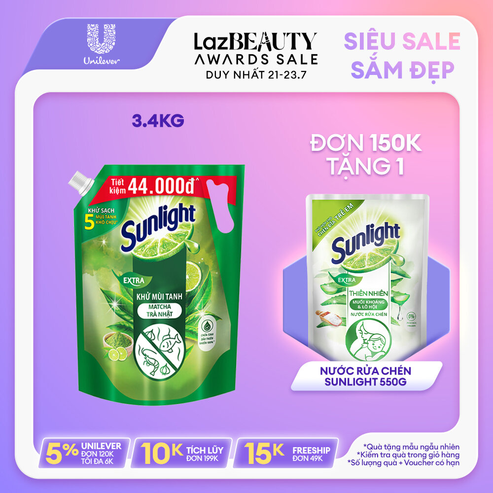 Nước rửa chén bát sunlight trà xanh nhật bản túi 3.4kg