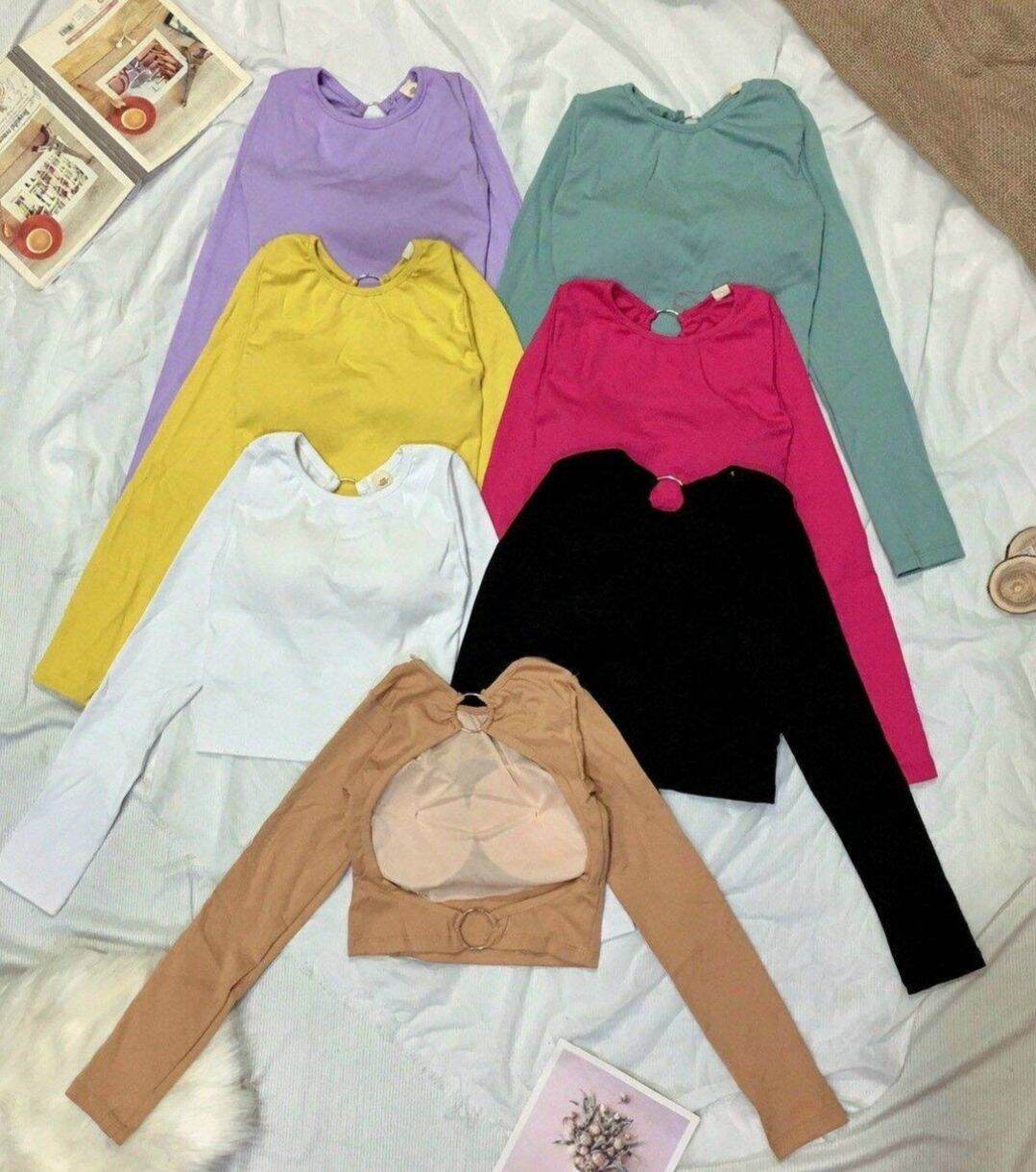 ÁO THUN NỮ CROPTOP ÁO TAY DÀI HỞ LƯNG ÁO THUN ĐẸP GIÁ RẺ ÁO THUN BORIP FORM 45KG(v1)