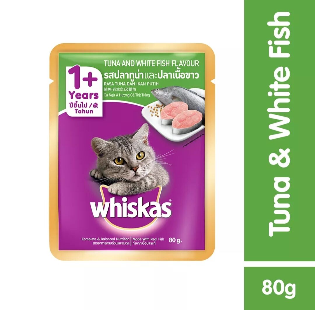 Thức ăn Whiskas cho mèo dạng Pate vị Cá ngừ và Cá trắng 24 gói x 80g