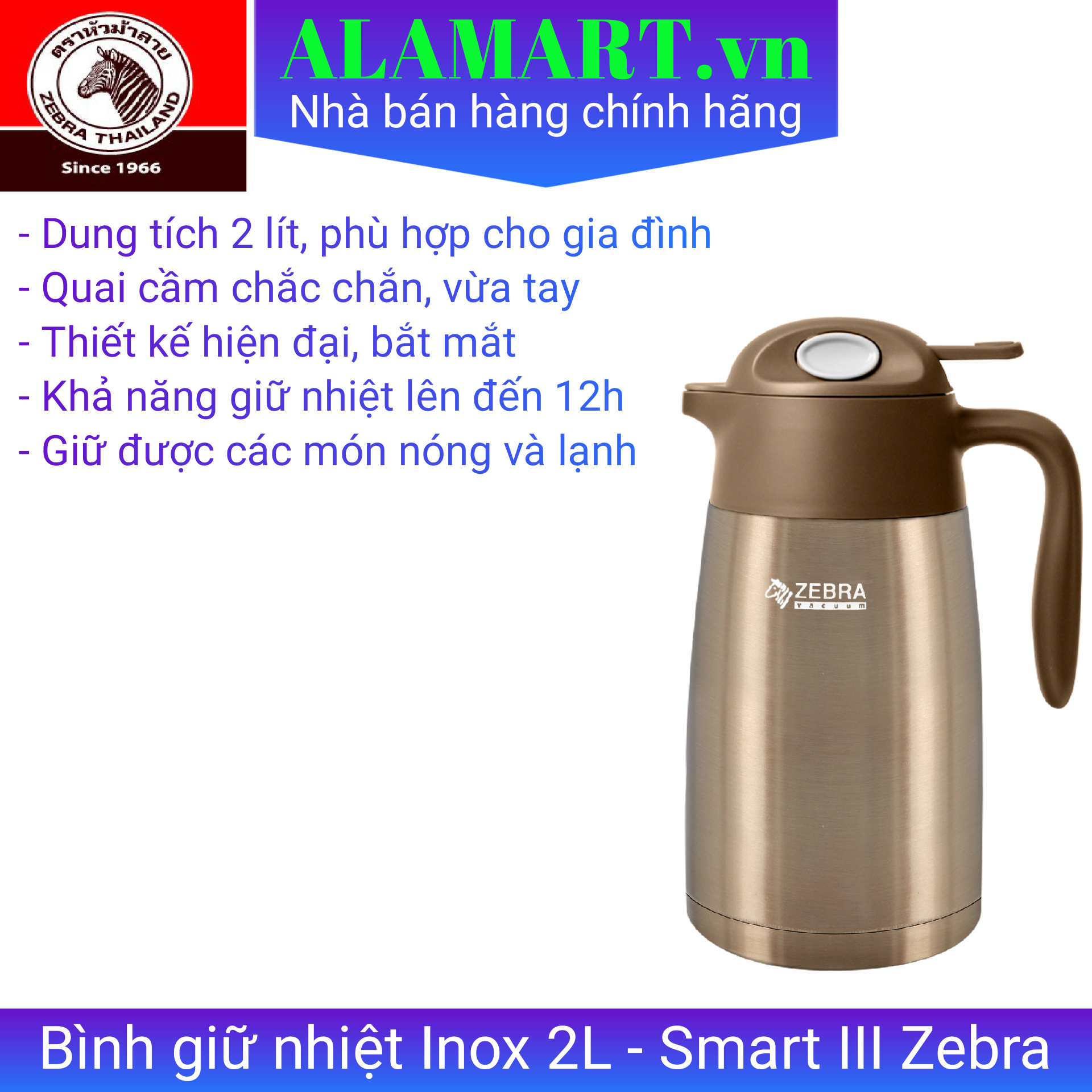 Bình giữ nhiệt Inox 2L Zebra - Smart III - 112950