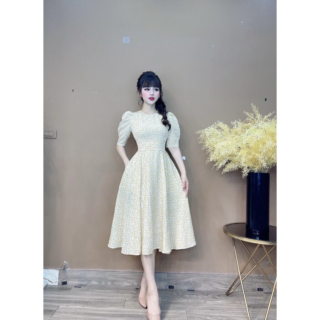 Đầm hoa nhí cổ tròn tay bồng Monoco