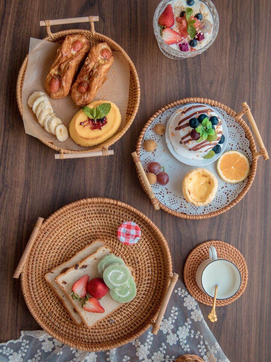 Khay Mây Tre Đan Có Tay Cầm Gỗ