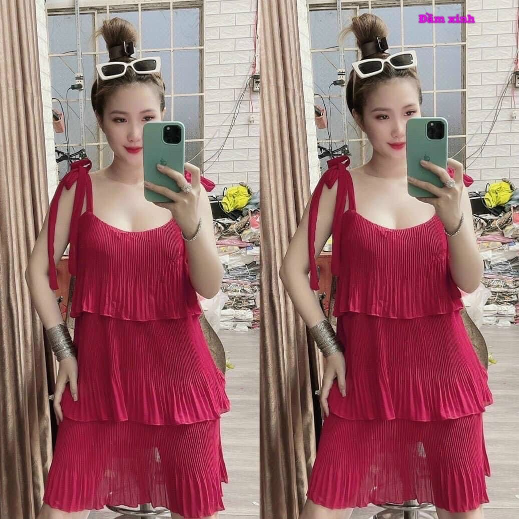 Đầm dập ly 3 tầng vải voan cột vai