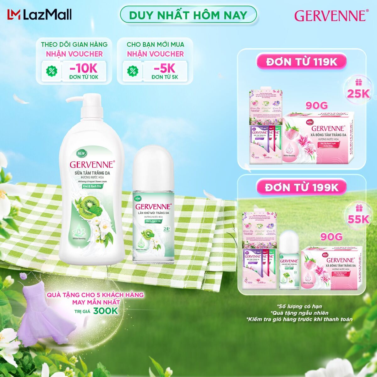 Combo Sữa tắm trắng da Gervenne 1.2L và Lăn khử mùi trắng da hương Kiwi và Bạch Trà 50g