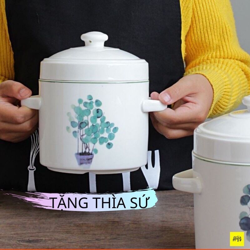 Thố chưng yến, hũ chưng yến cách thủy bằng sứ họa tiết lá nhiệt đới