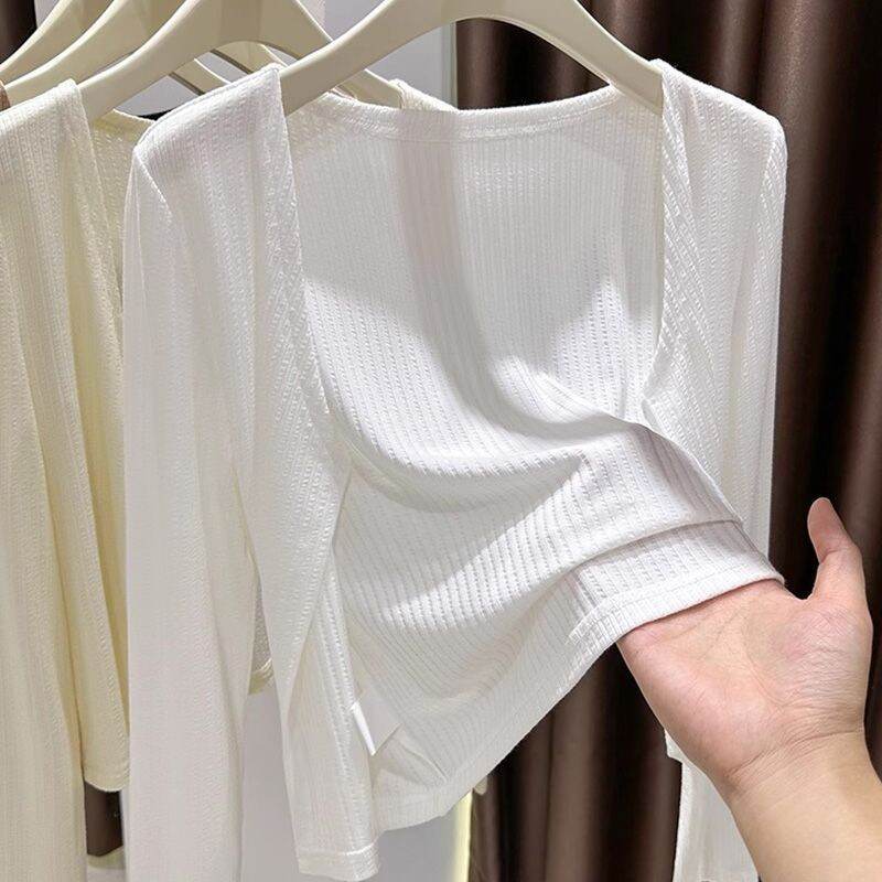 Áo Len Cardigan Ice Silk Ngắn Cho Nữ Mùa Xuân Hè Áo Khoác Ngoài Mỏng Áo Sơ Mi Dài Tay Thường Xuyên Á