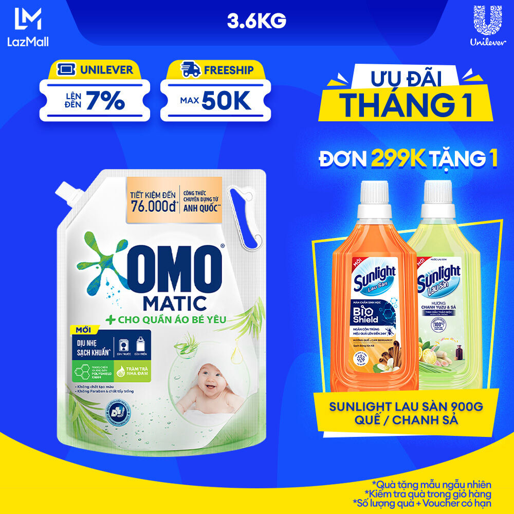 Túi Nước giặt OMO Matic cho quần áo bé yêu với công thức chuyên dụng cho bé đến từ Anh Quốc chiết xuất tràm trà và nha đam túi 3.6kg