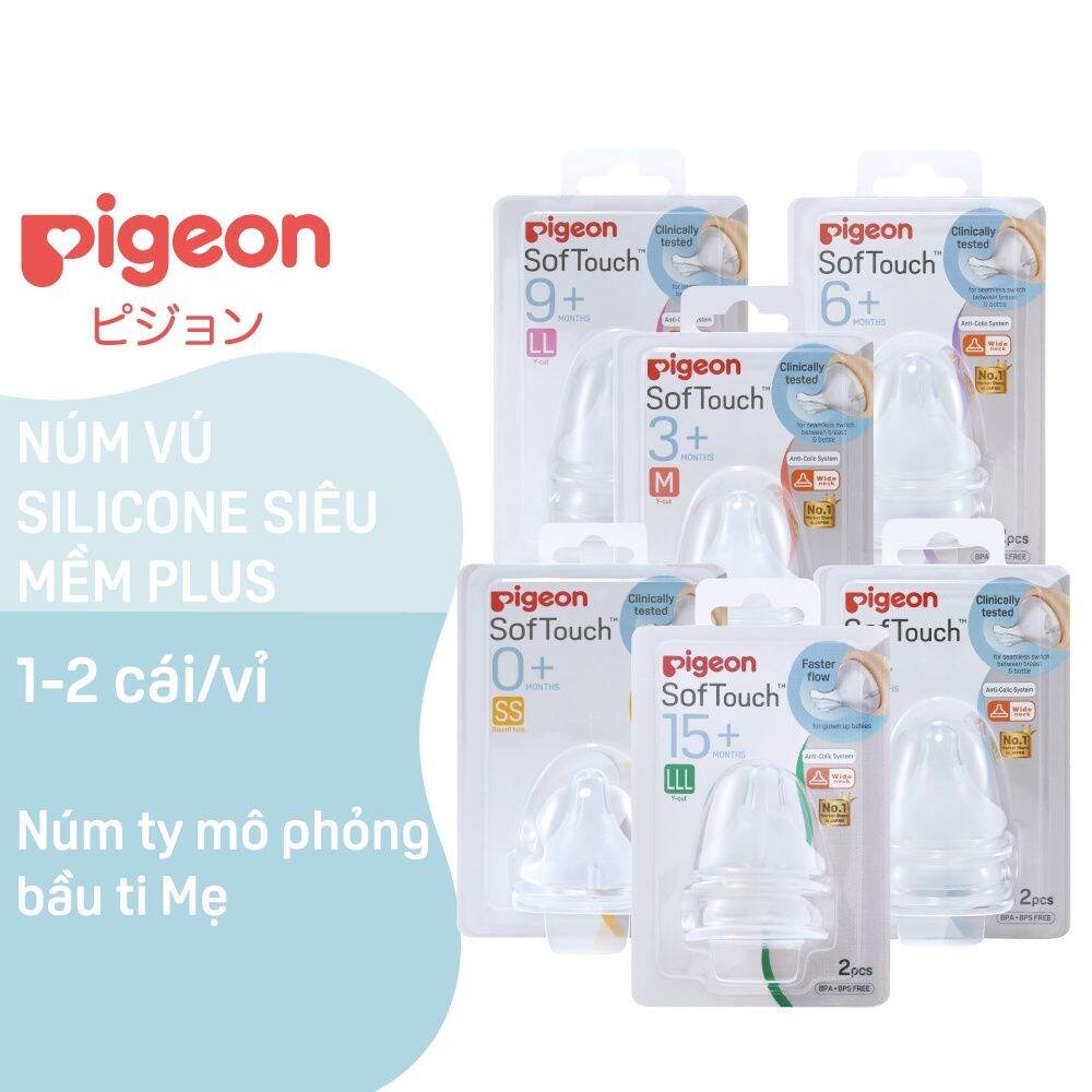 Núm vú Silicone siêu mềm Plus Pigeon sử dụng cho bình sữa Cổ rộng