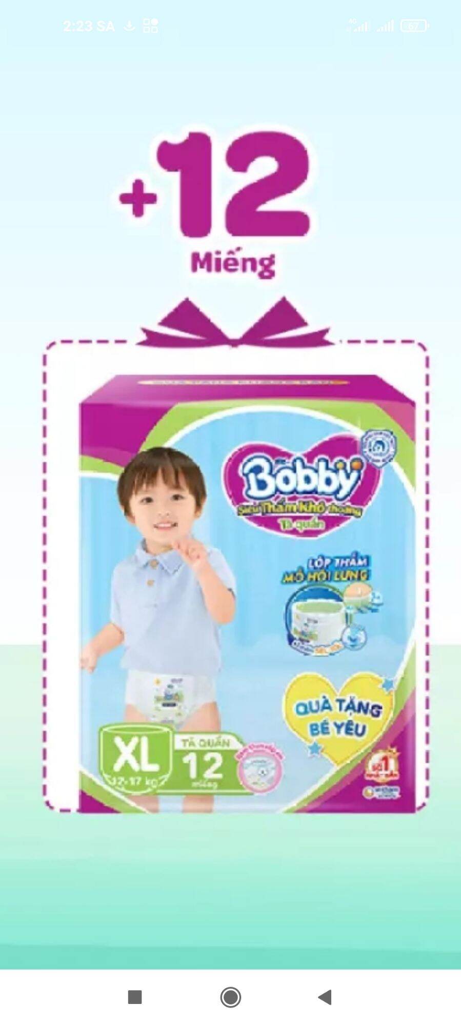 Tã bỉm quần bobby xl 12 miếng. date 2025