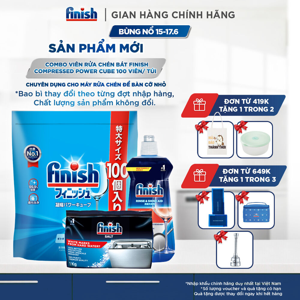 Combo Finish: Viên Rửa Chén Finish Nhật Bản Power Cube 100 Viên + Nước làm bóng Finish 500ml + Muối rửa chén 1kg