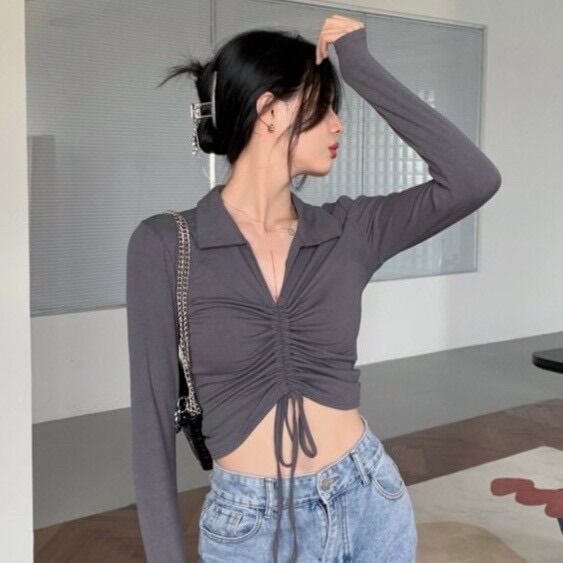 Áo gân tay dài cổ bẻ rút dây giữa