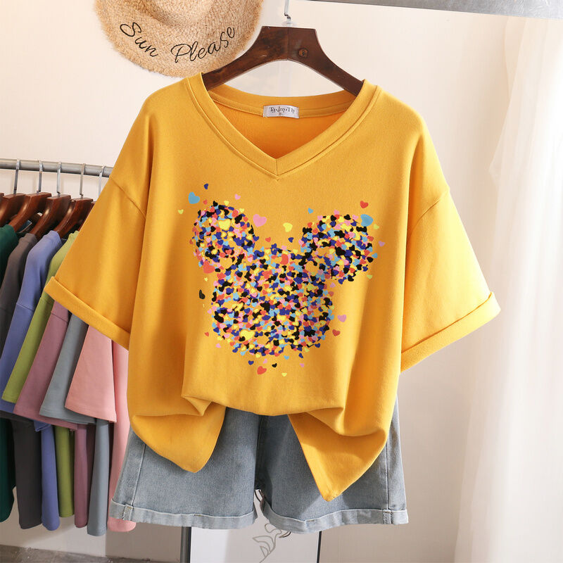 Áo Phông Nữ Tay Ngắn Cổ Chữ V Dành Cho Số Ít Người Cảm Giác Thiết Kế 2023 Cotton, Áo Nữ Tay Lửng Cỡ To Mẫu Mới Mùa Hè, Áo Instagram Sành Điệu
