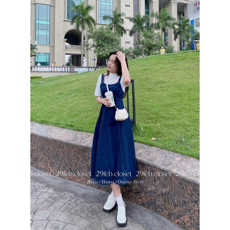 0Váy yếm giả denim dáng dài xoè chun lưng - Váy yếm dáng dài viền chỉ nổi vintage PeaStore