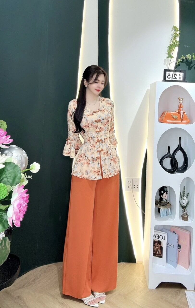 Bộ bà ba cổ tim tay loe chất lụa mango loại 1