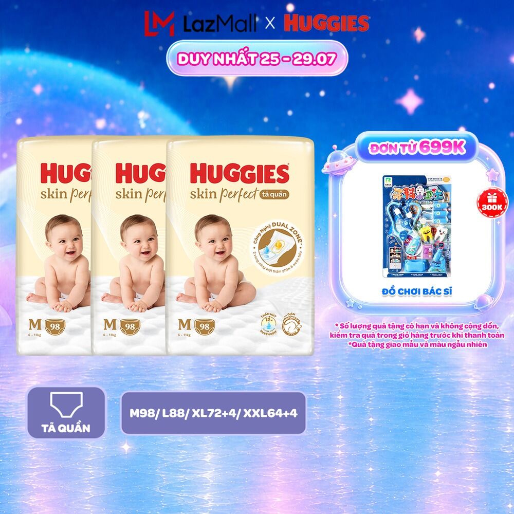 Combo 3 gói Tã quần Huggies Skin Perfect Mega Jumbo M98/L88/XL72+4/XXL64+4 miếng với 2 vùng thấm giảm kích ứng da