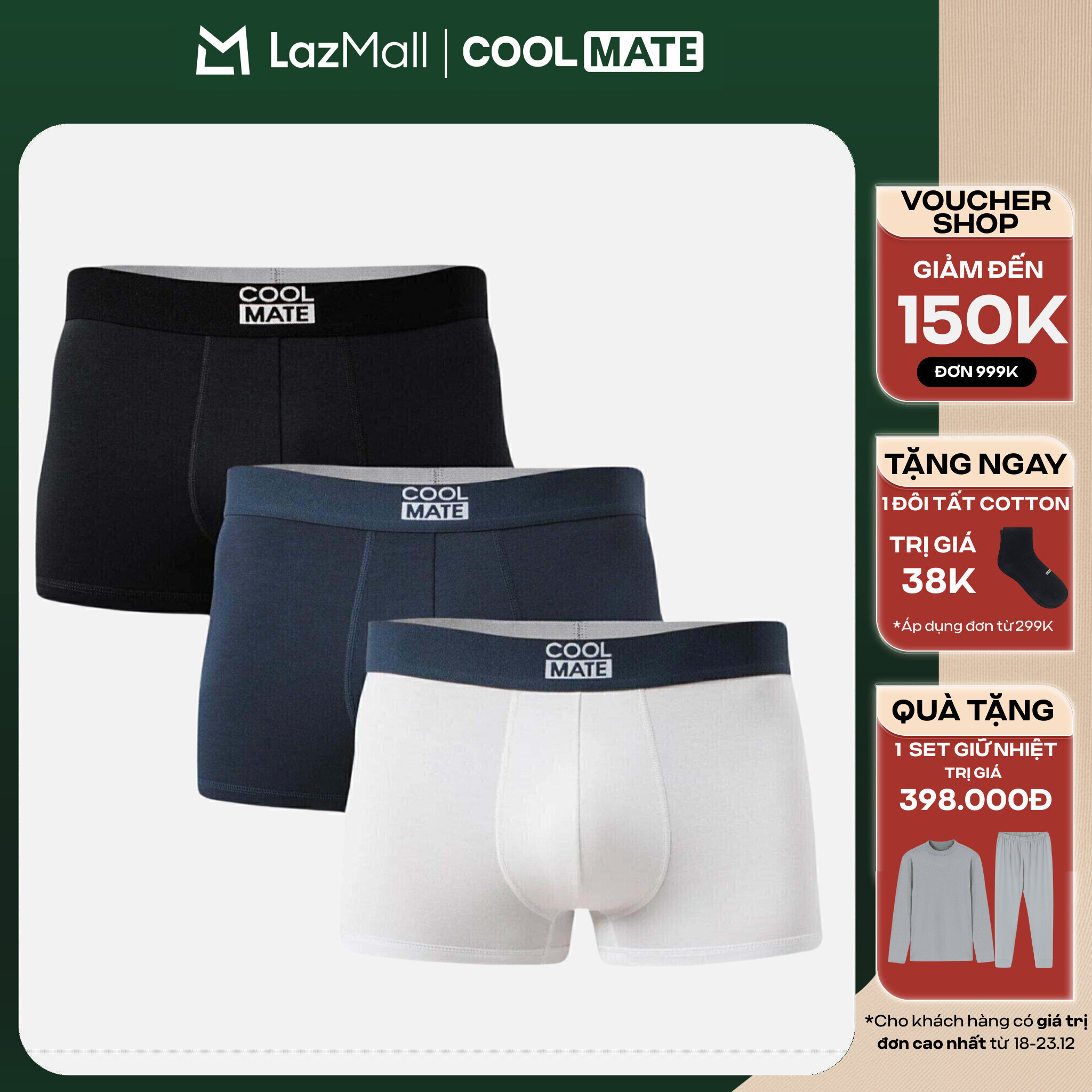   CHỈ 24-29.12 TẶNG QUÀ ĐƠN TỪ 299K COMBO 3 Quần lót sịp đùi boxer nam Trunk Bamboo kháng khuẩn cao cấp Coolmate 