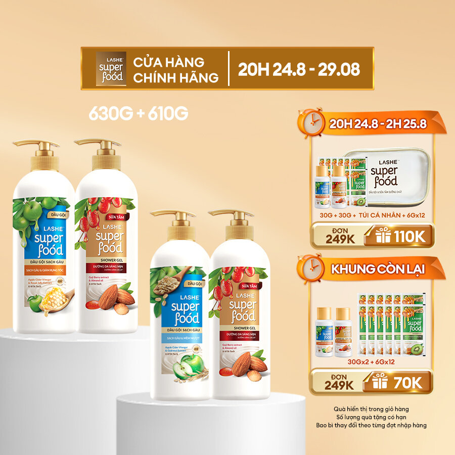 Combo dầu gội lashe superfood sạch gàu 630g + sữa tắm lashe superfood dưỡng da sáng mịn 610g