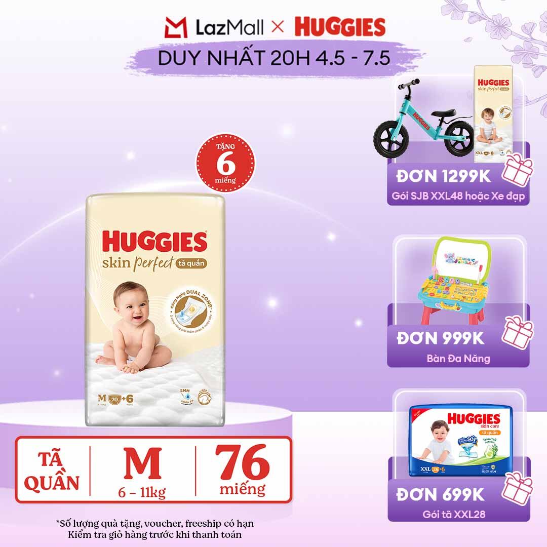 [CHỈ 20h 04-07.05 GIẢM ĐẾN 60K QUÀ TẶNG ĐH 699K] Tã quần Huggies Skin Perfect M size Super Jumbo 70+6 miếng - Nhiều Phiên bản