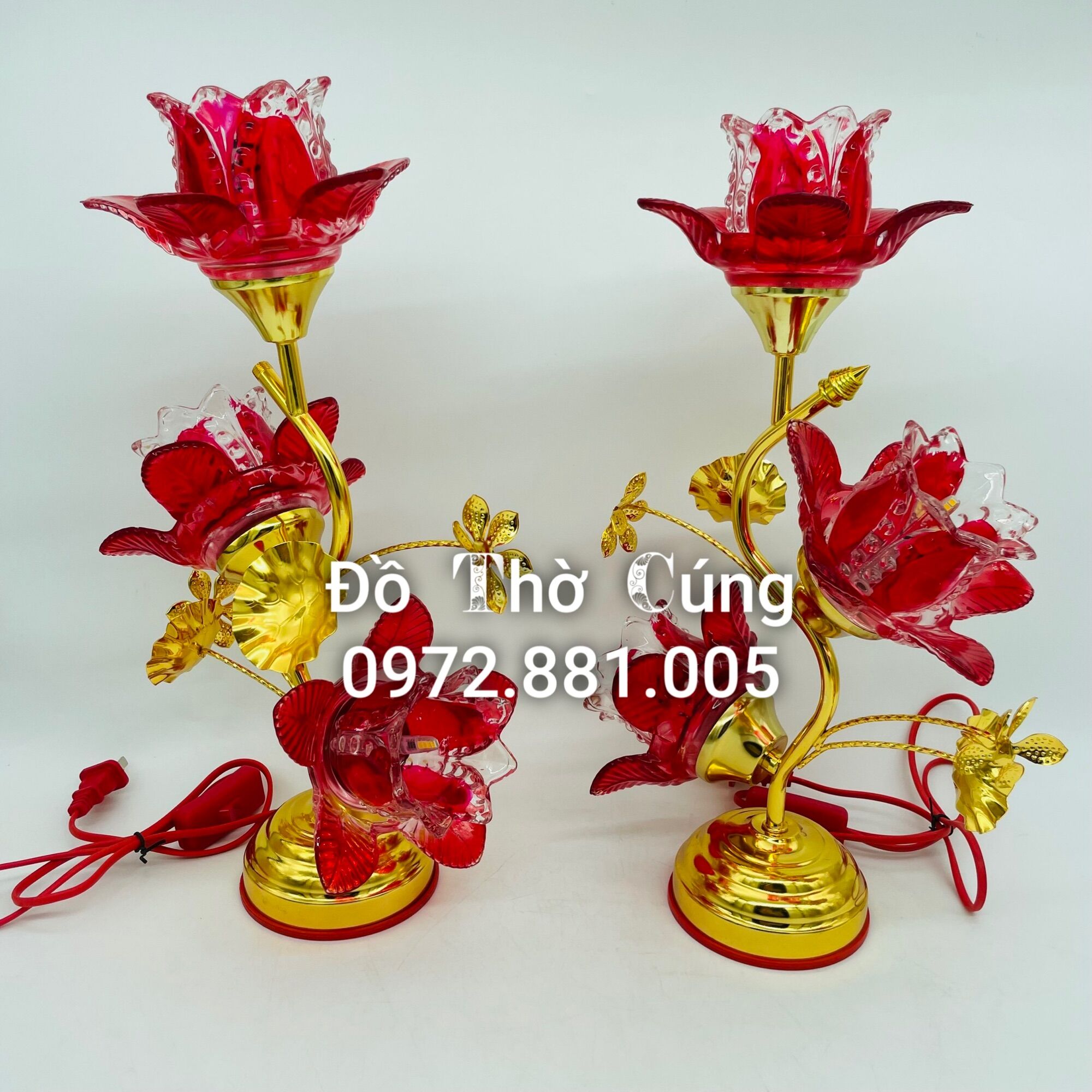 Đèn thờ thủy tinh 3 bông sen màu đỏ