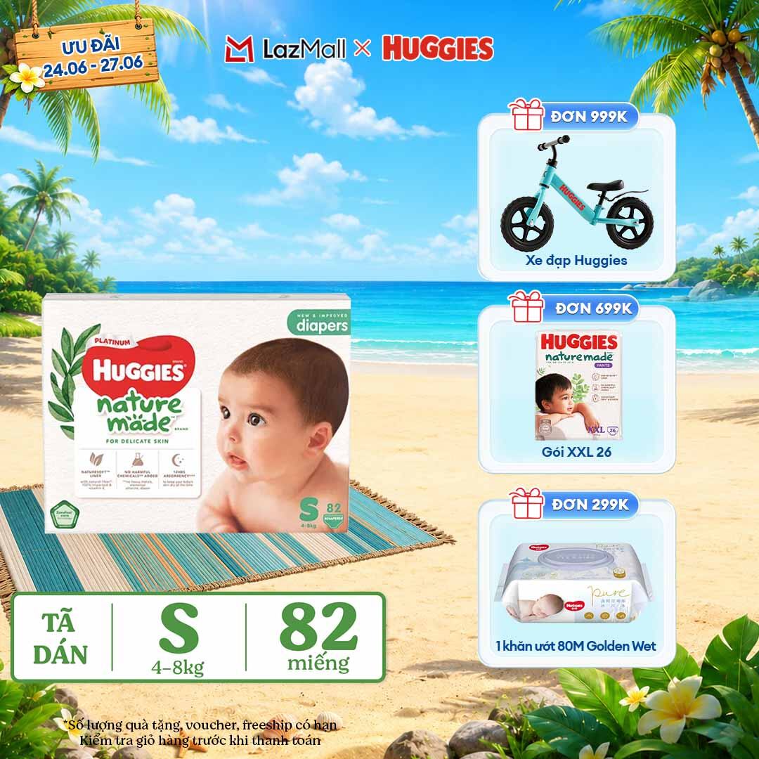 [Chỉ 25-29.06 QUÀ TẶNG ĐƠN 399K](Mua 1 tặng 1) Tã/Bỉm dán sơ sinh Huggies Platinum NatureMade S82 (4-8kg)-Gói Super Jumbo 82 miếng