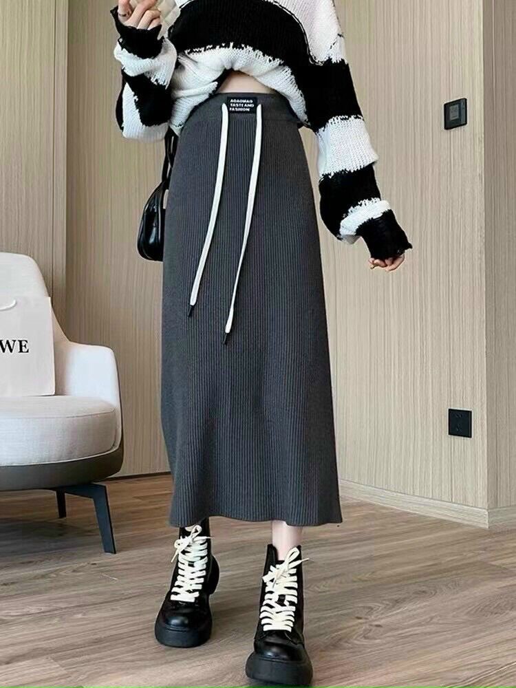 Chân váy Len trơn Ulzzang dáng dài midi dây rút hàng Quảng Châu