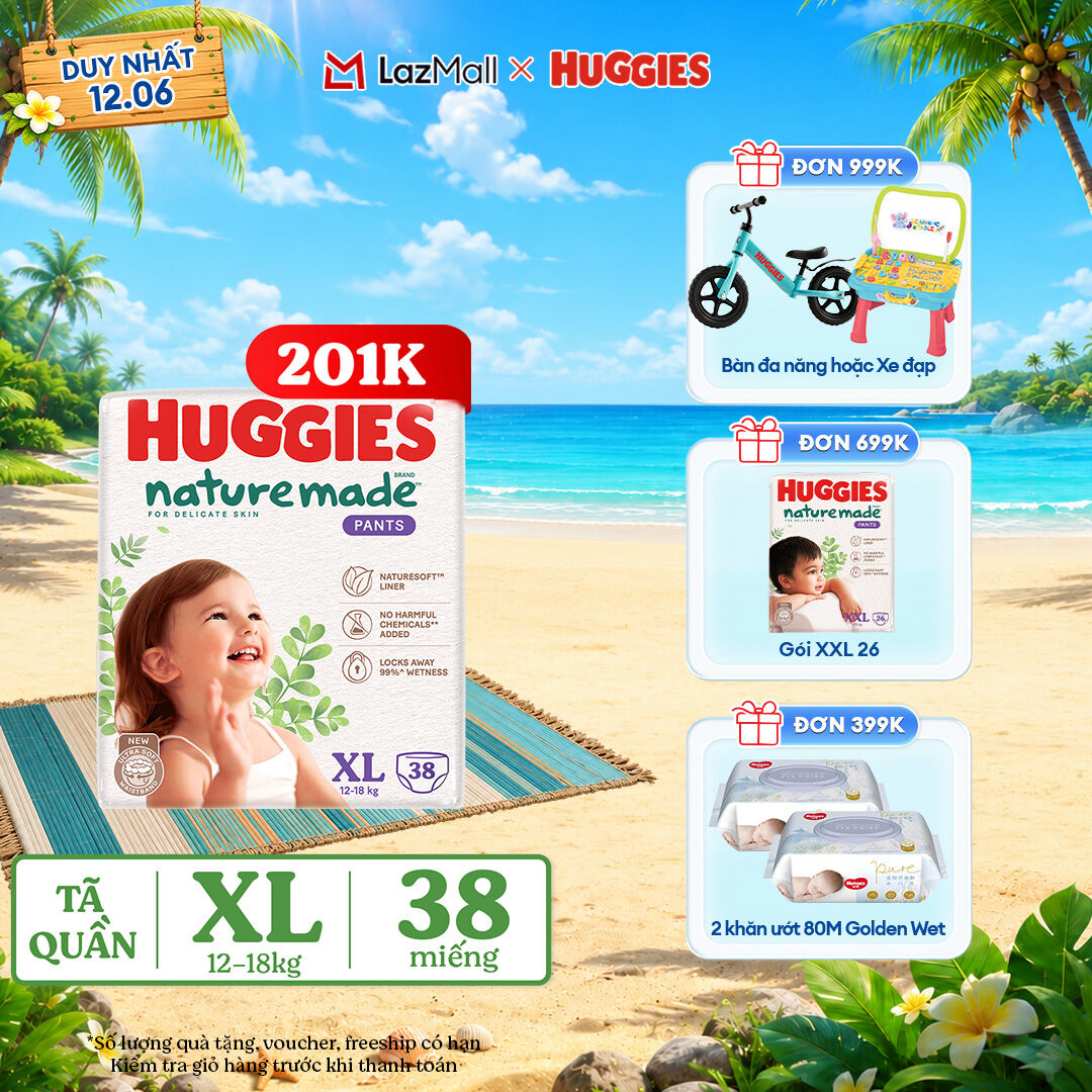 [Chỉ 22-24.06 QUÀ TẶNG ĐƠN 399K](Mua 1 tặng 1) Tã/Bỉm quần HUGGIES PLATINUM NatureMade XL38 (12-18kg)-Gói Jumbo 38 miếng