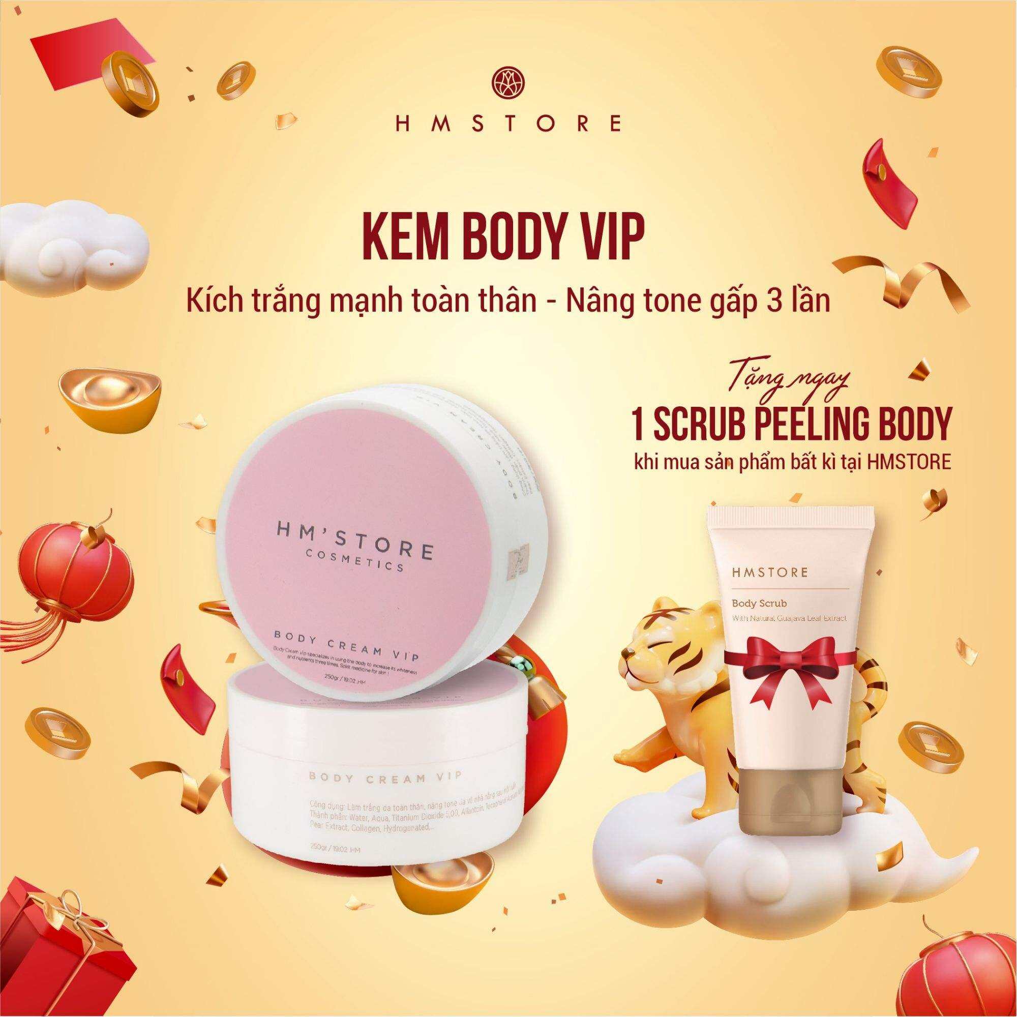 KEM BODY VIP HM STORE TẶNG KÈM HỦ KÍCH TRẮNG 50G( Giúp da trắng sáng nhanh trong vòng 10-14 ngày, ngăn ngừa đồi mồi, đốm nâu, chống nắng, bổ sung nhiều dưỡng chất cho da, giữ ẩm cực cao mà không hề gây bết rít)