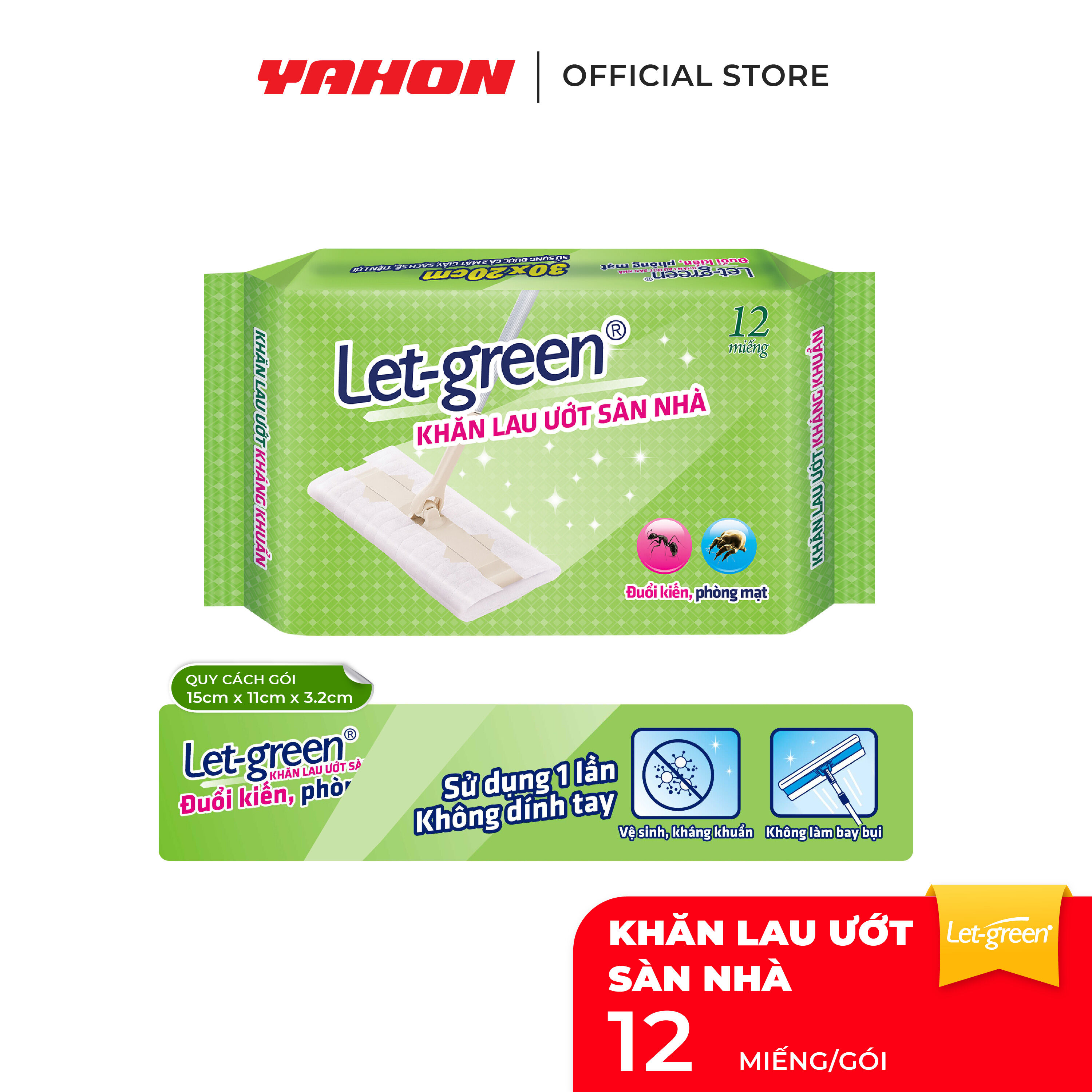 Let-Green Floor Cleaning Wet Wipes |   Antibacterial, Repels Ants, Prevents Mites |   12 Sheets/Pack - Thương hiệu Let-green Giá 28,000 Đồng*Miễn phí vận chuyển
