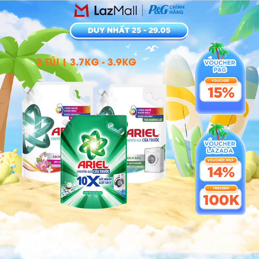 Combo 2 Nước Giặt Cửa Trước ARIEL Ngăn Lem Màu, Quần Áo Siêu Thơm Hương Downy Nắng Sớm/ Hương Sen Nhài/ Oải Hương Túi 3.9KG/ 3.7KG