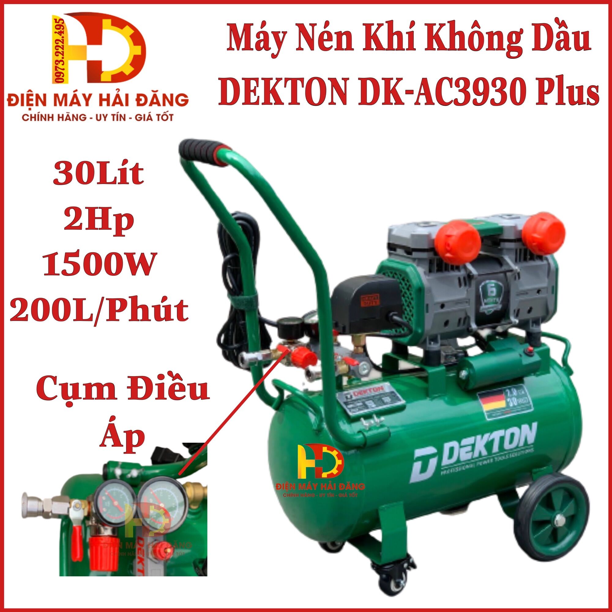 Máy nén khí không dầu 30L 2HP DEKTON DK-AC3930 Plus.Có van điều áp . Mẫu mới.Lên hơi nhanh.BH 6T