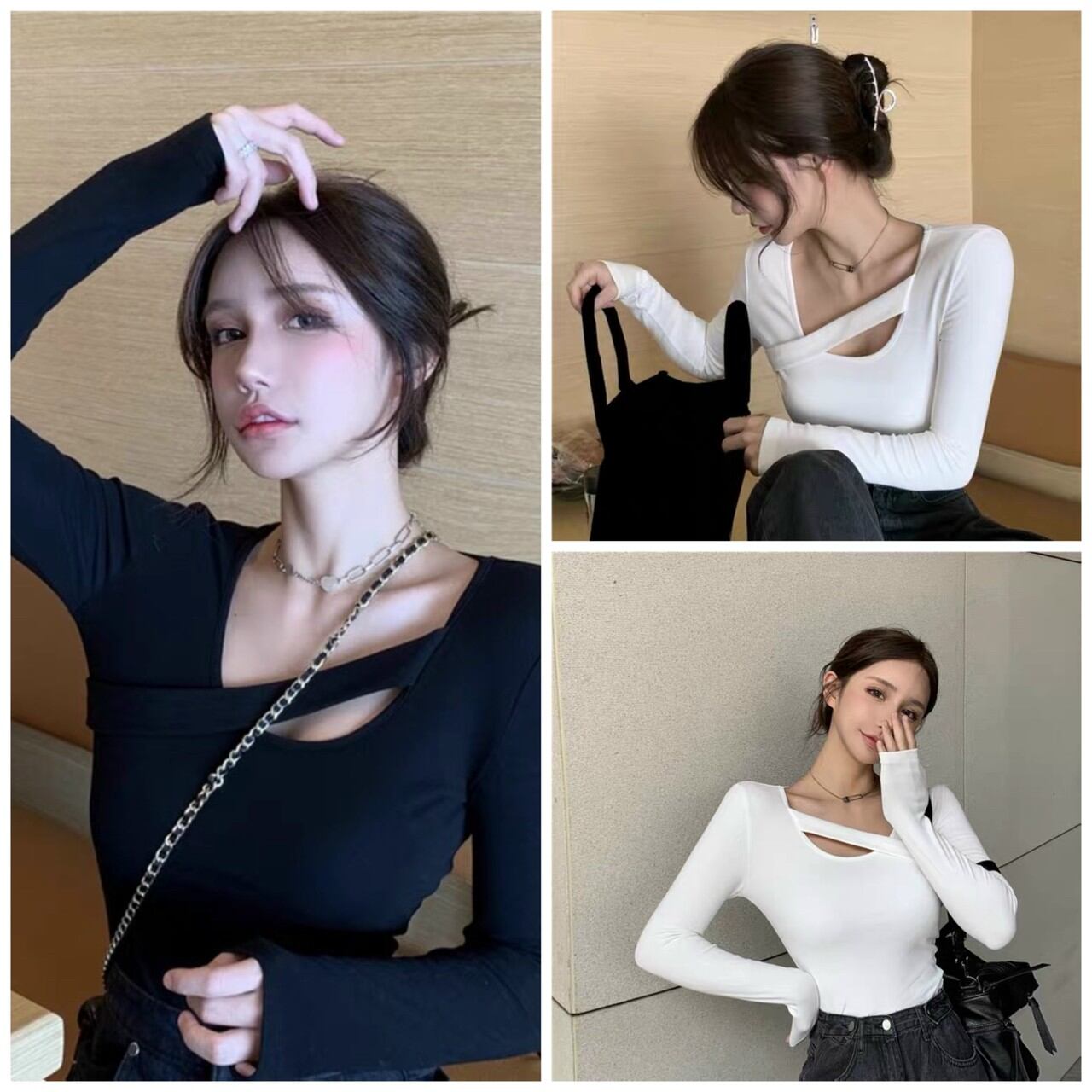 Áo croptop cổ tròn dây chéo tay dài