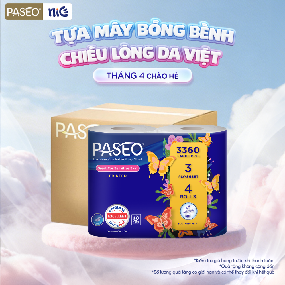 Paseo Premium Toilet Paper Box, 4 Rolls, 3 Layers, Dissolvable in Water