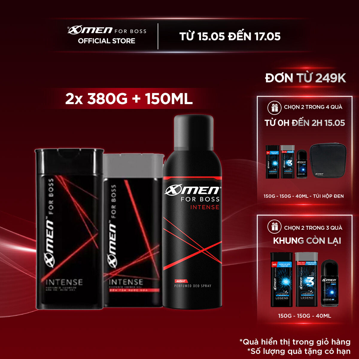 Combo Dầu gội Xmen For Boss Intense 380g + Sữa tắm 380g + Xịt khử mùi 150ml
