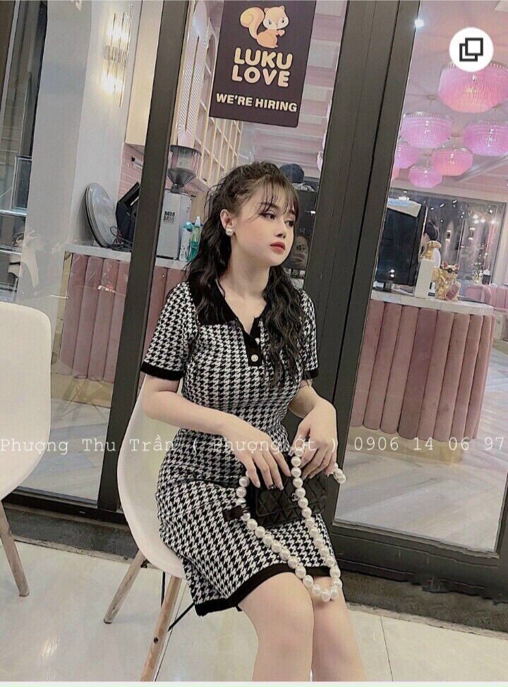 Váy đầm len body cổ bẻ cộc tay kẻ sọc
