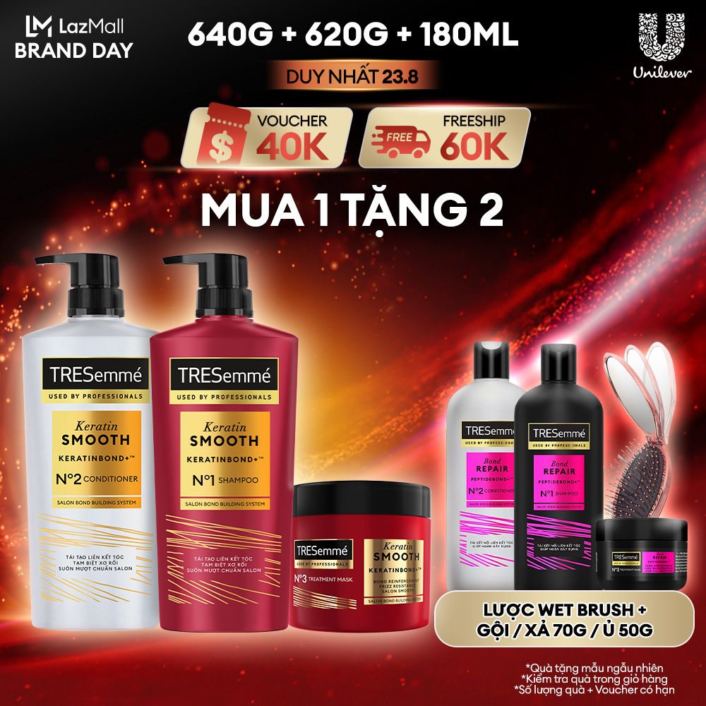 Combo Dầu Gội, Dầu Xả, Kem Ủ TRESemmé Keratin Smooth Keratinbond+ 640g, 620g, 180ml Cho Tóc Khô Xơ Rối Vào Nếp Suôn Mượt