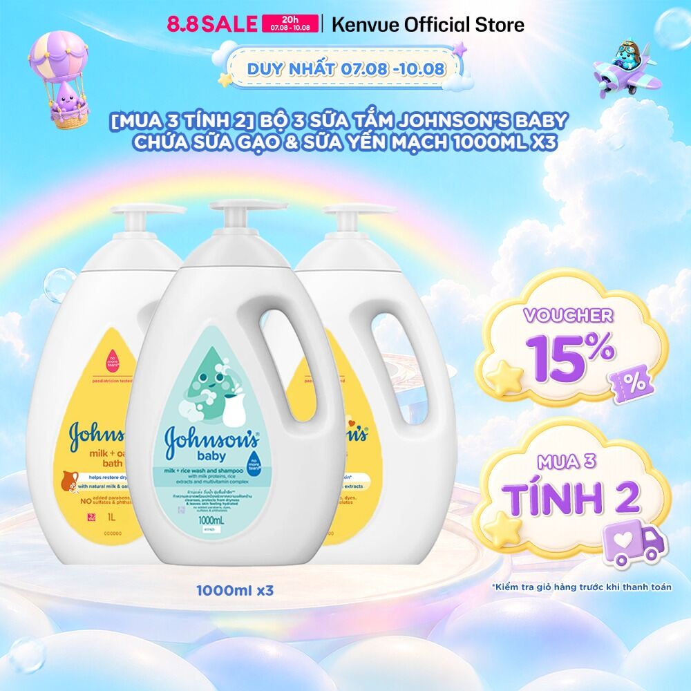 [Mua 3 tính 2] Combo 3 Sữa tắm Johnsons Baby Chứa Sữa Gạo & Yến Mạch 1000ml/chai
