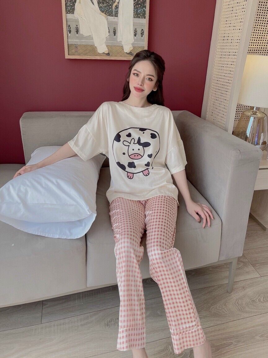 Đồ bộ nữ mặc nhà - mặc ngủ lụa latin in hình mèo hồng 3d - quần dài tay lửng free size dưới 60kg