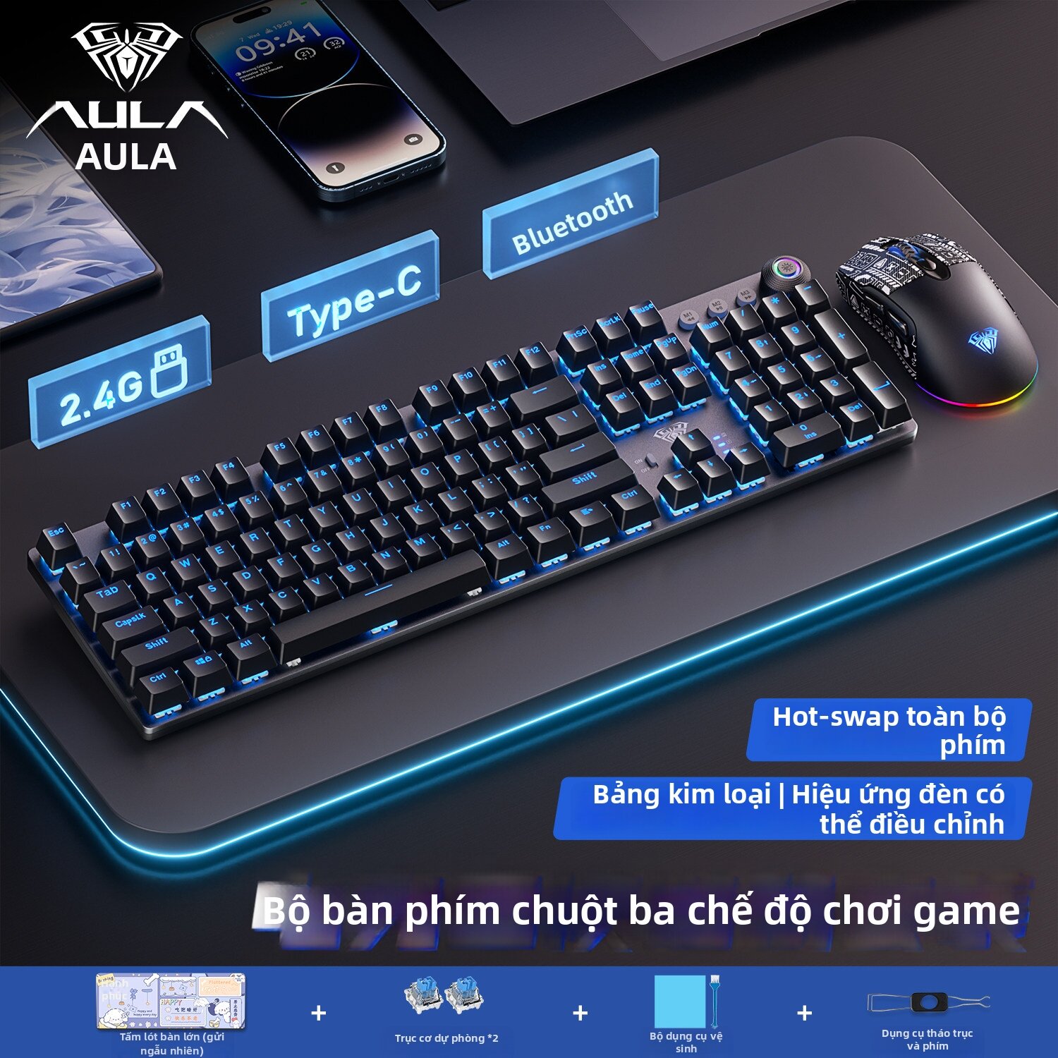 AULA-MOJING | Three-Mode Wireless Mechanical Keyboard Giá 849,000 Đồng*Miễn phí vận chuyển