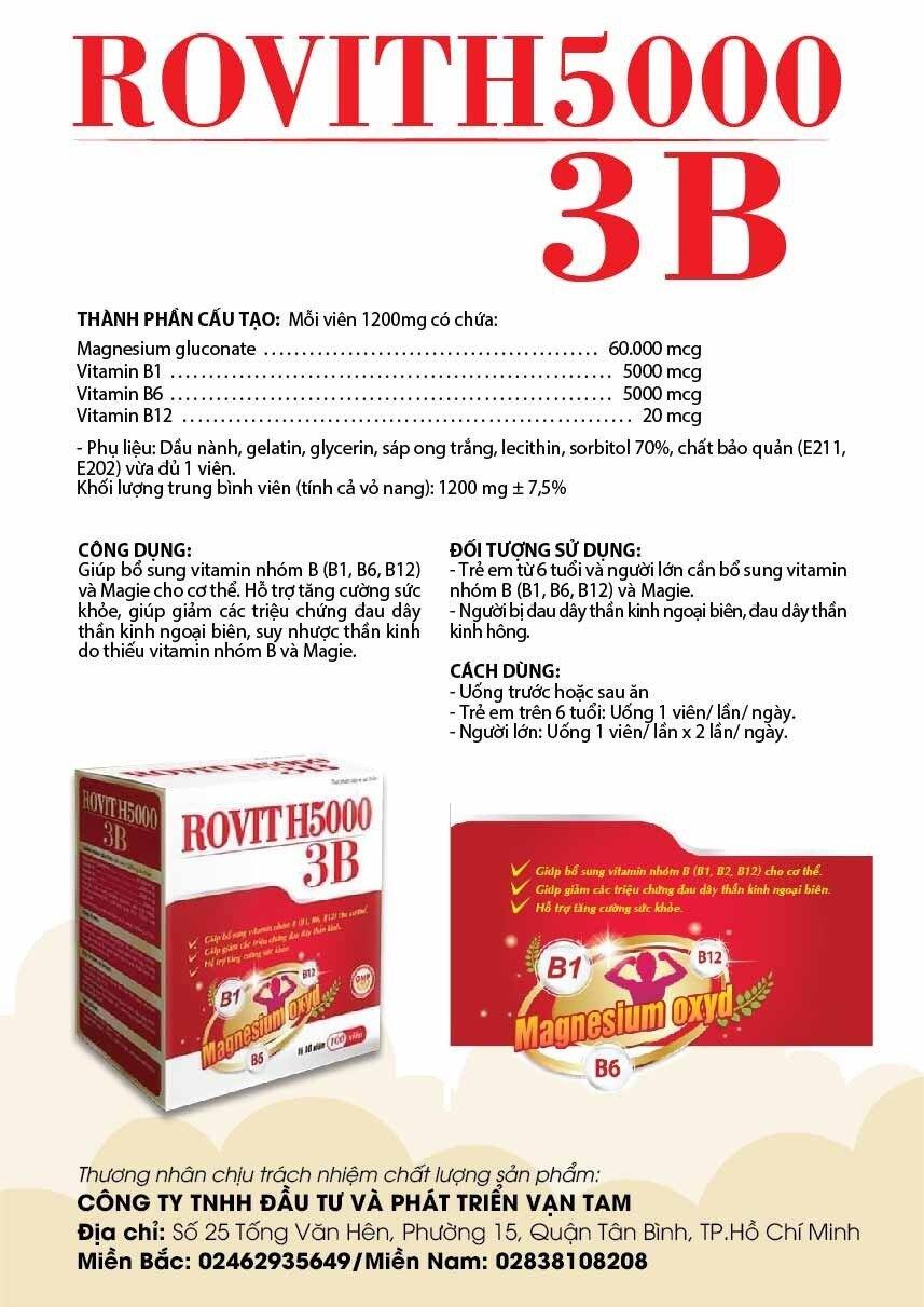 Chính hãng TPBVSK Rovit H5000 3B bổ sung nhóm B tăng cường sức khỏe, bổ thần kinh, giảm đau nhức