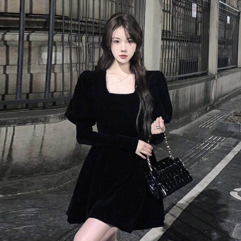 Váy nhung tay phối tơ bồng nơ đen FORM CHUẨN | Shopee Việt Nam