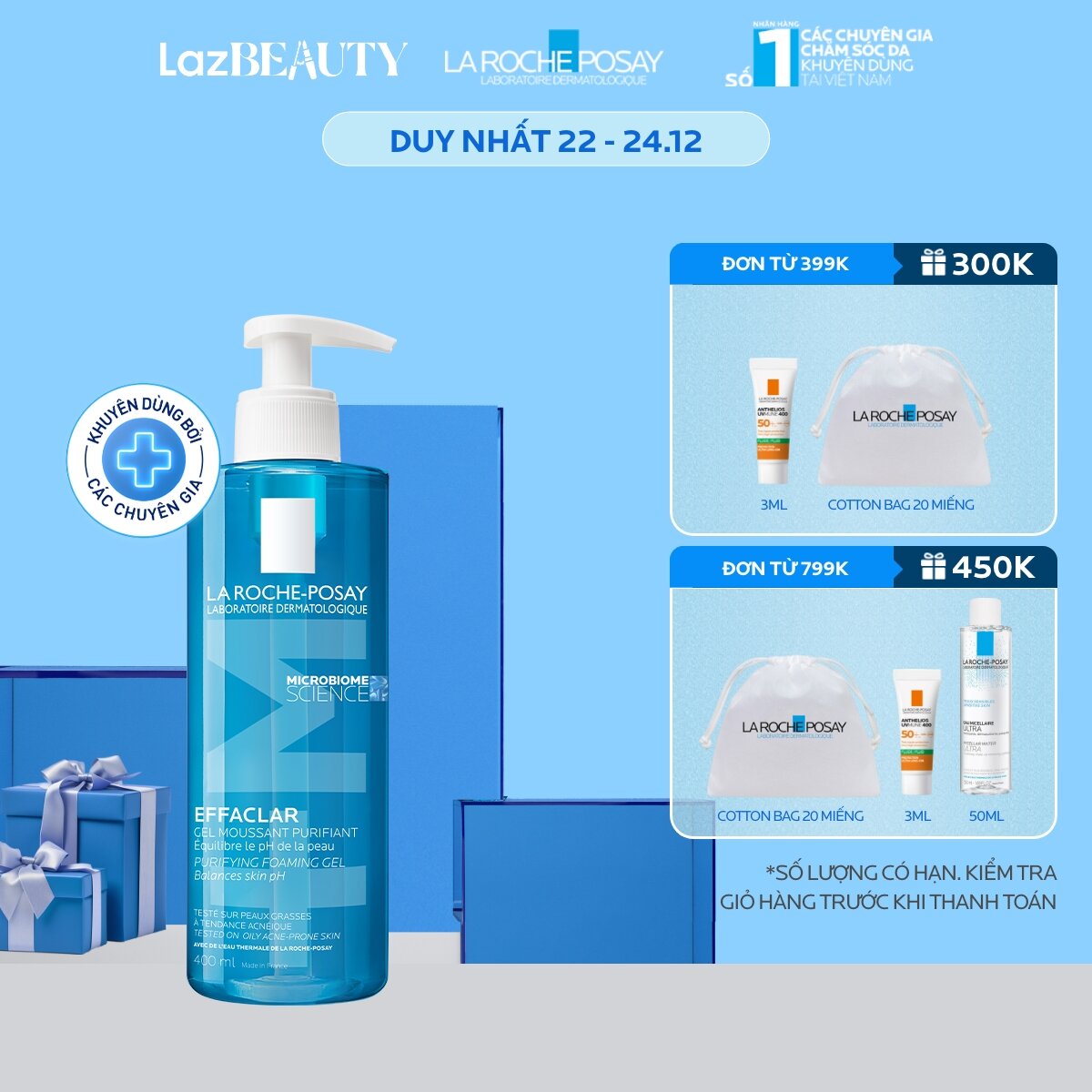 [Livestream VC 30%] Gel rửa mặt cho da dầu nhạy cảm La Roche-Posay Effaclar Foaming Gel 400ml