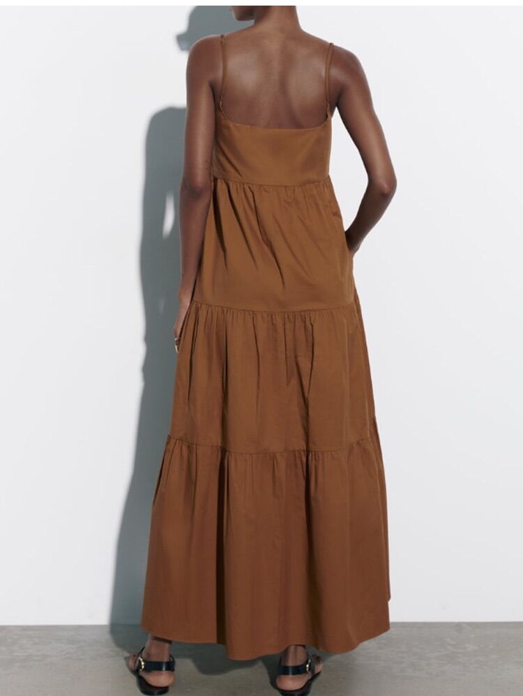 Đầm Zara 2 dây nâu maxi cực tây