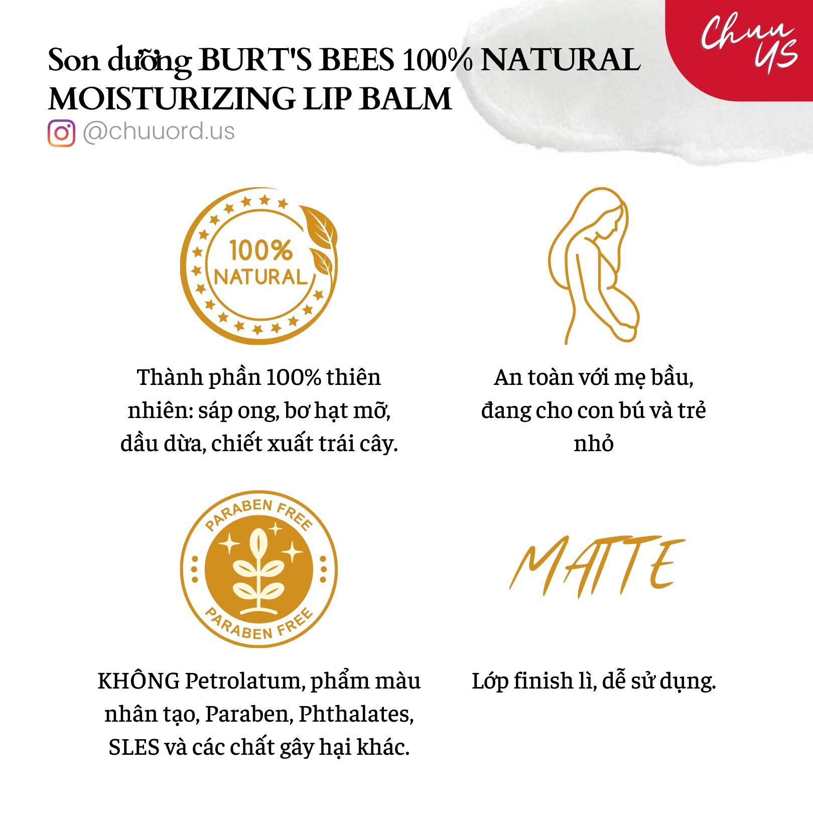 (AuthMỸ) Son dưỡng môi BURT’S BEES 100% NATURAL MOISTURIZING LIP BALM
