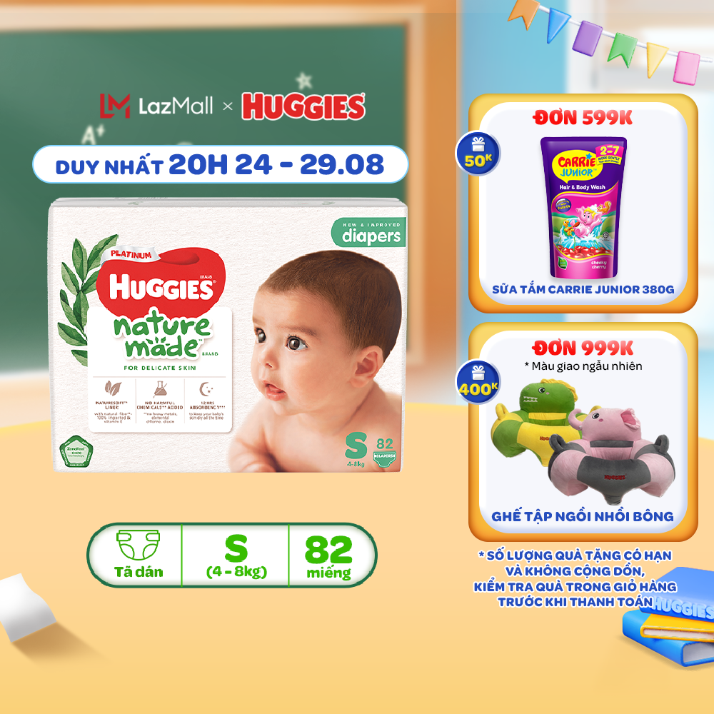 Tã/Bỉm dán sơ sinh Huggies Platinum NatureMade Super Jumbo NB60/S82