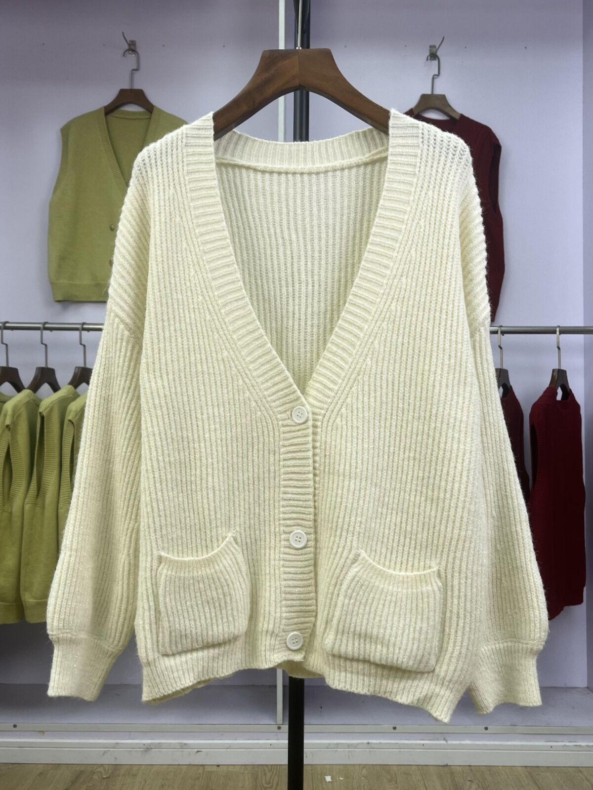 Áo Len Cardigan Hở Vai Màu Trơn Có Khóa Kéo Hai Túi Phong Cách Nhật Bản Cho Nữ Mùa Thu 2024 Thường Ngày Dài Tay Cổ Chữ V