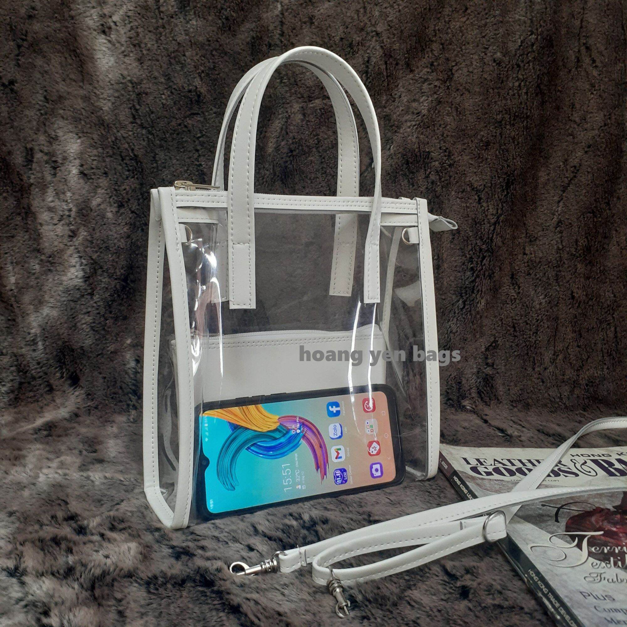 [Hcm] 2-in-1 Transparent Tote Bag, Portable, Cross-Body Carryable, with Zipper, Can Hold Large-Sized Phones, with Matching Cross-Body Strap - 6